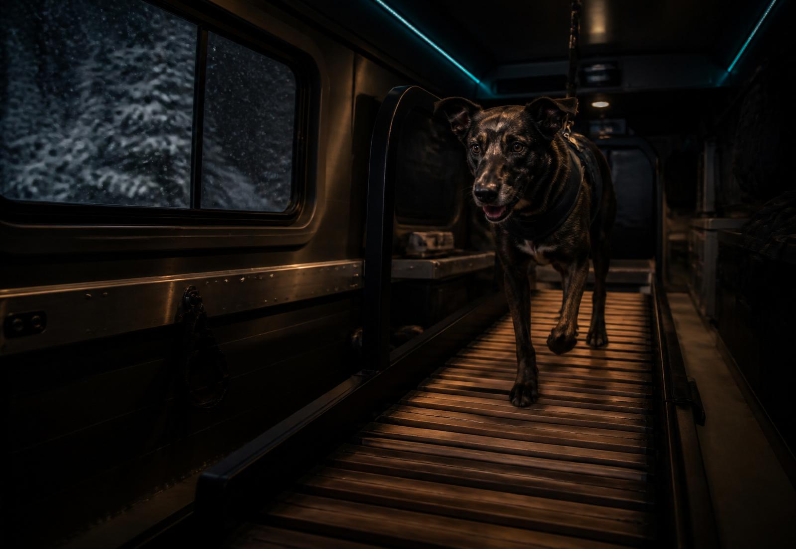A focused dog running on a wooden slat mill inside a warmly lit service van, snow visible through the window