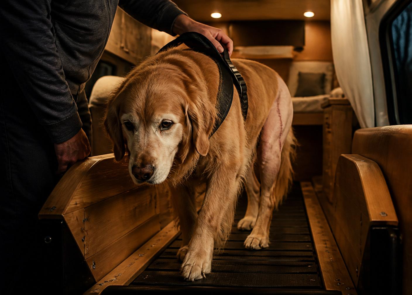 An older golden retriever walking carefully on a slat mill with a handler's hand on the harness