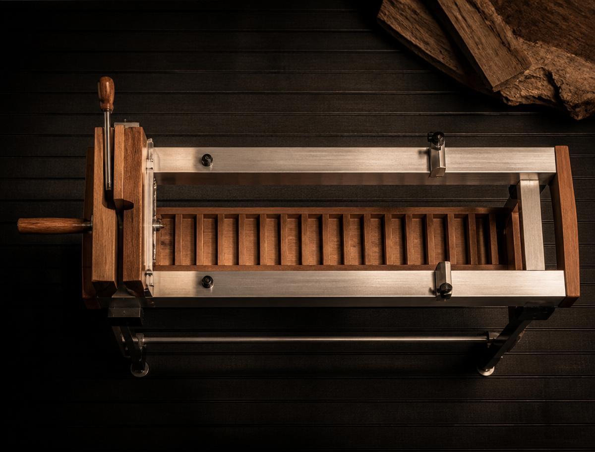 Overhead view of a wooden non-motorized dog slat mill with brushed aluminum frame