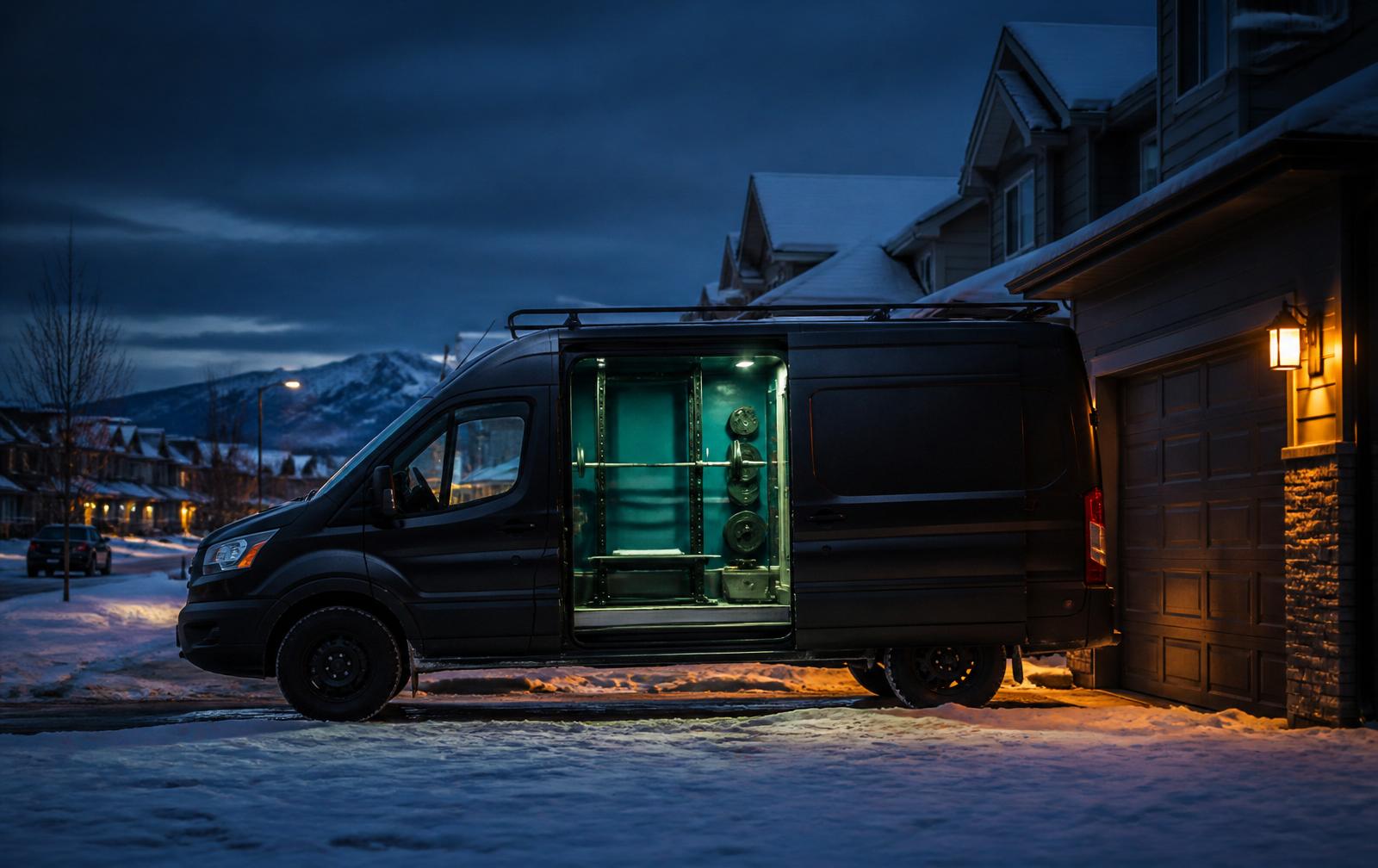 A matte black service van parked in a Calgary driveway during winter